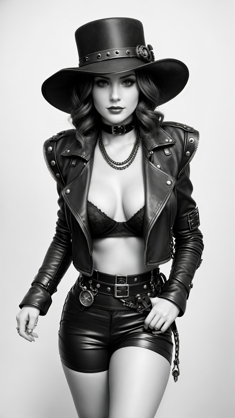 Confident Woman in Black Leather Outfit with Monochrome Effect