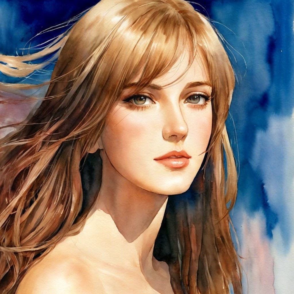 Portrait of a Young Woman with Flowing Hair and Blue Background