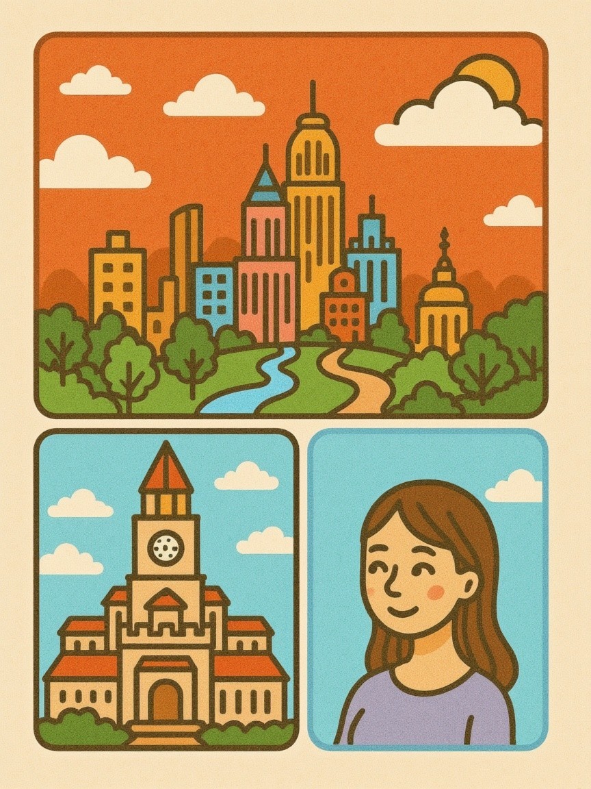 Colorful Illustration of City Skyline and Clock Tower