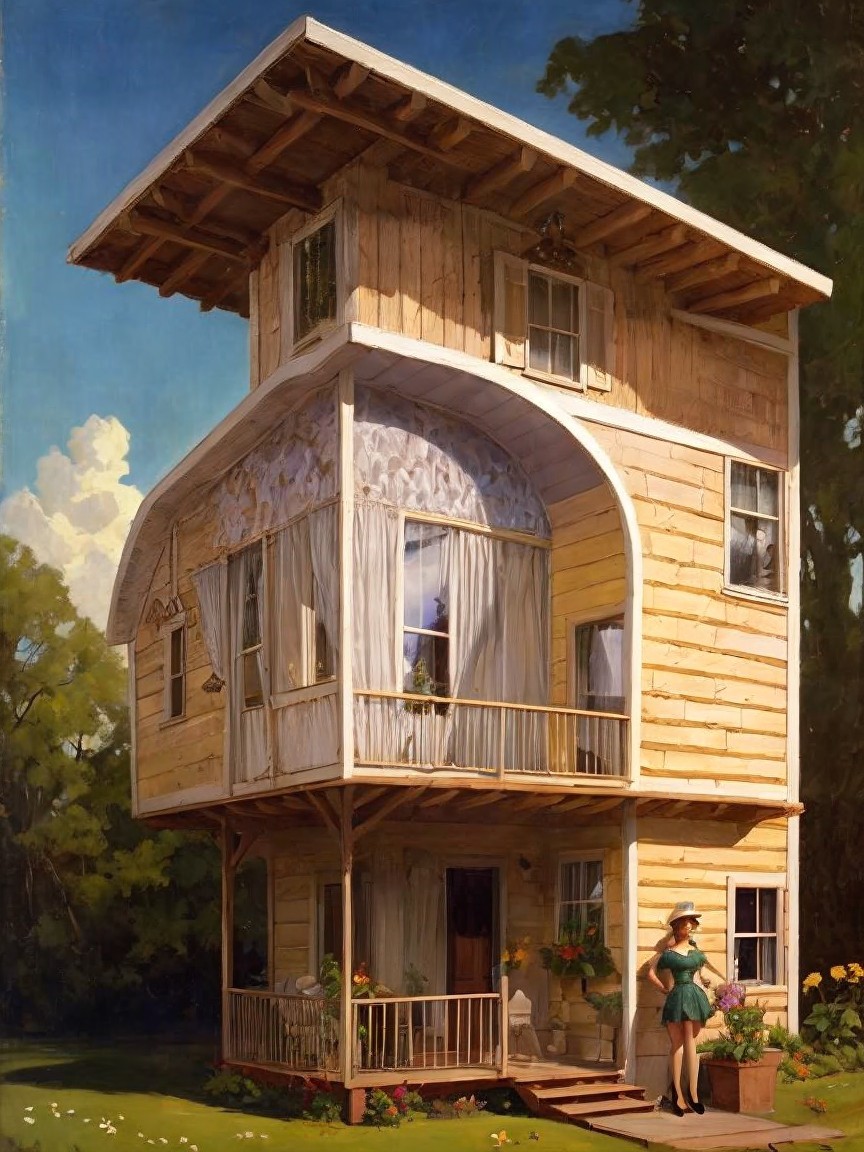 Whimsical Three-Story Wooden House with Porch and Flowers