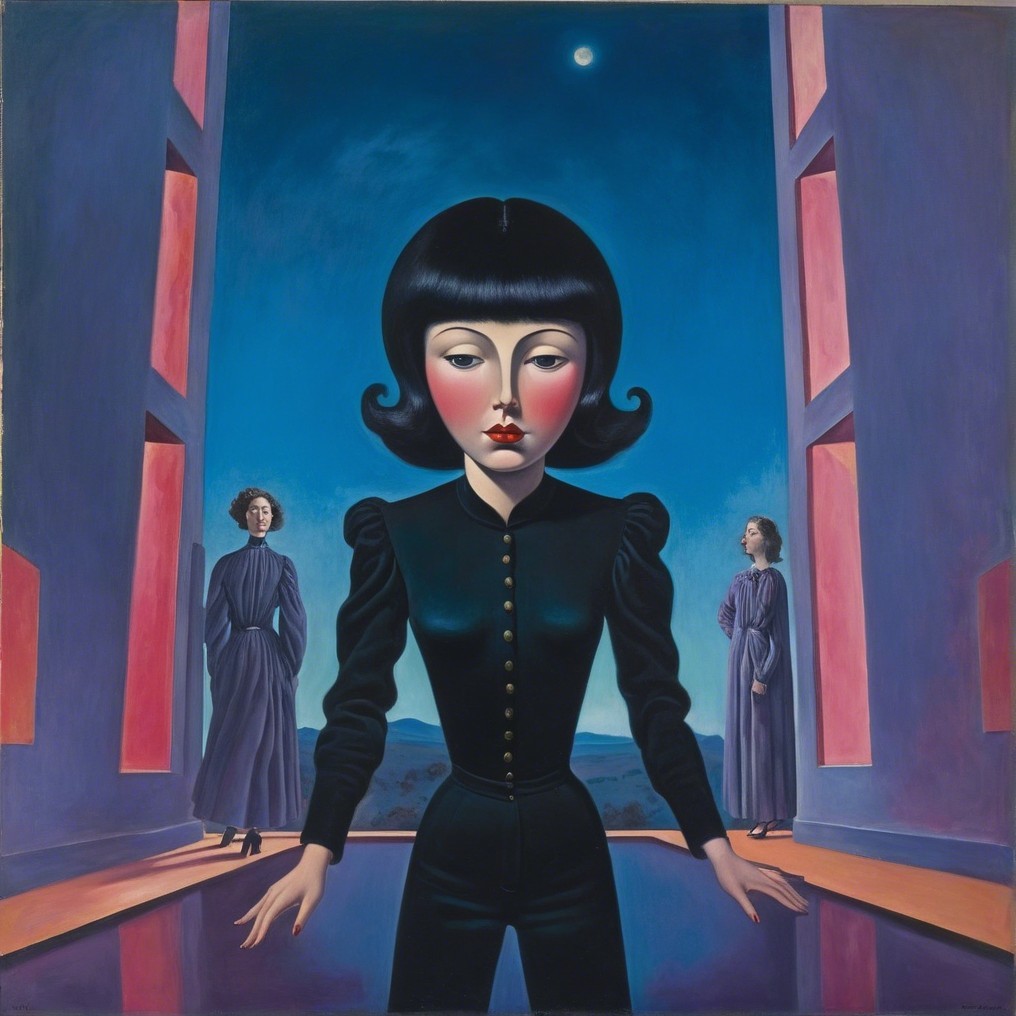 Young Woman in Black with Ethereal Figures and Landscape