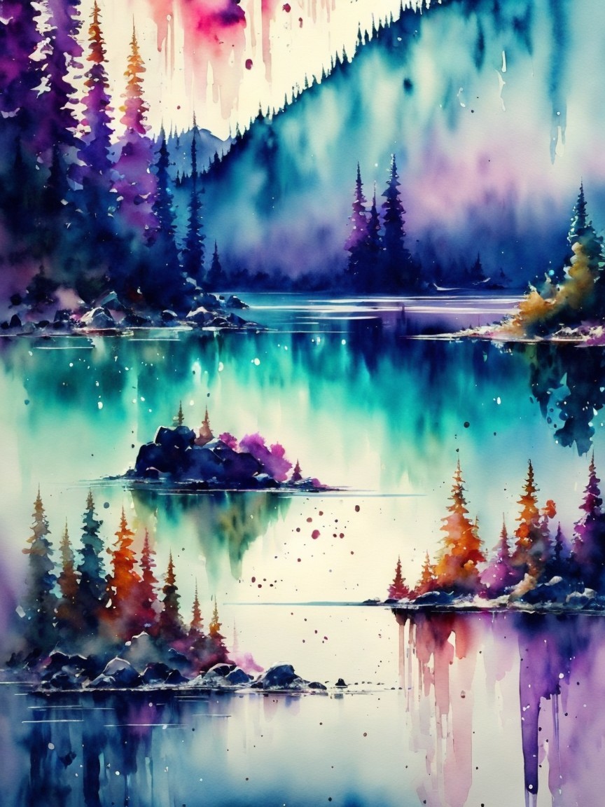 Vibrant Watercolor Landscape of a Serene Lake