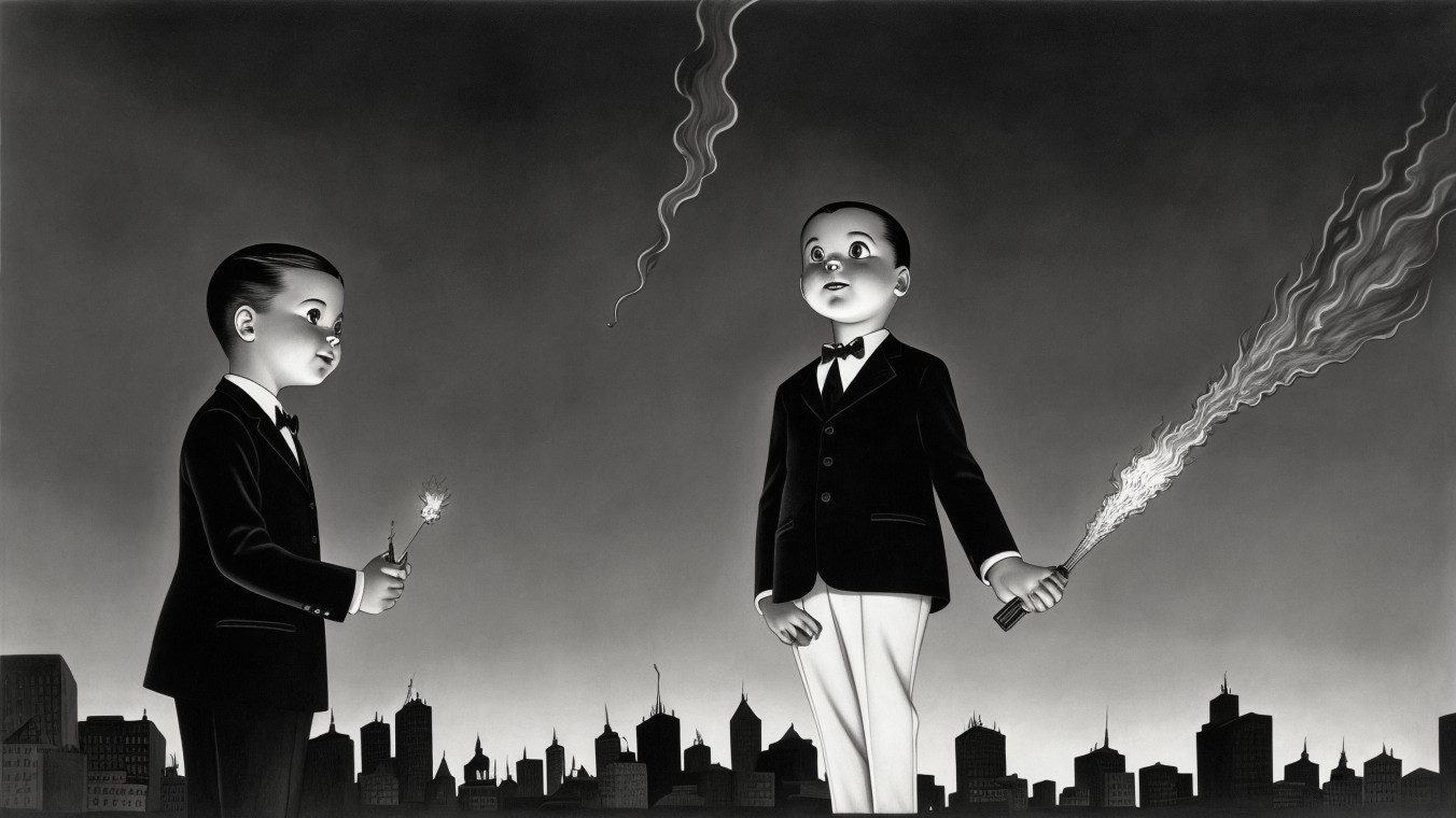 Boys in Formal Attire with Fireworks in Urban Setting