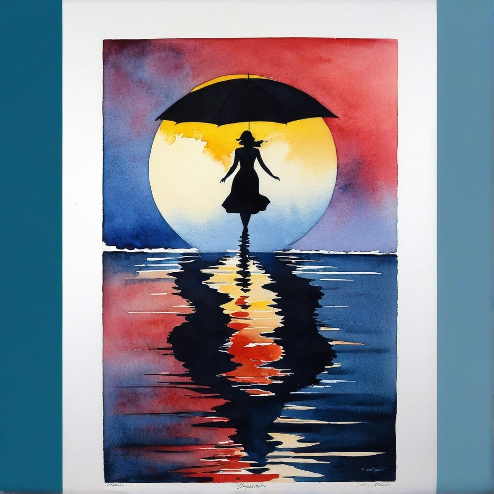 Silhouette of Woman with Umbrella at Vibrant Sunset