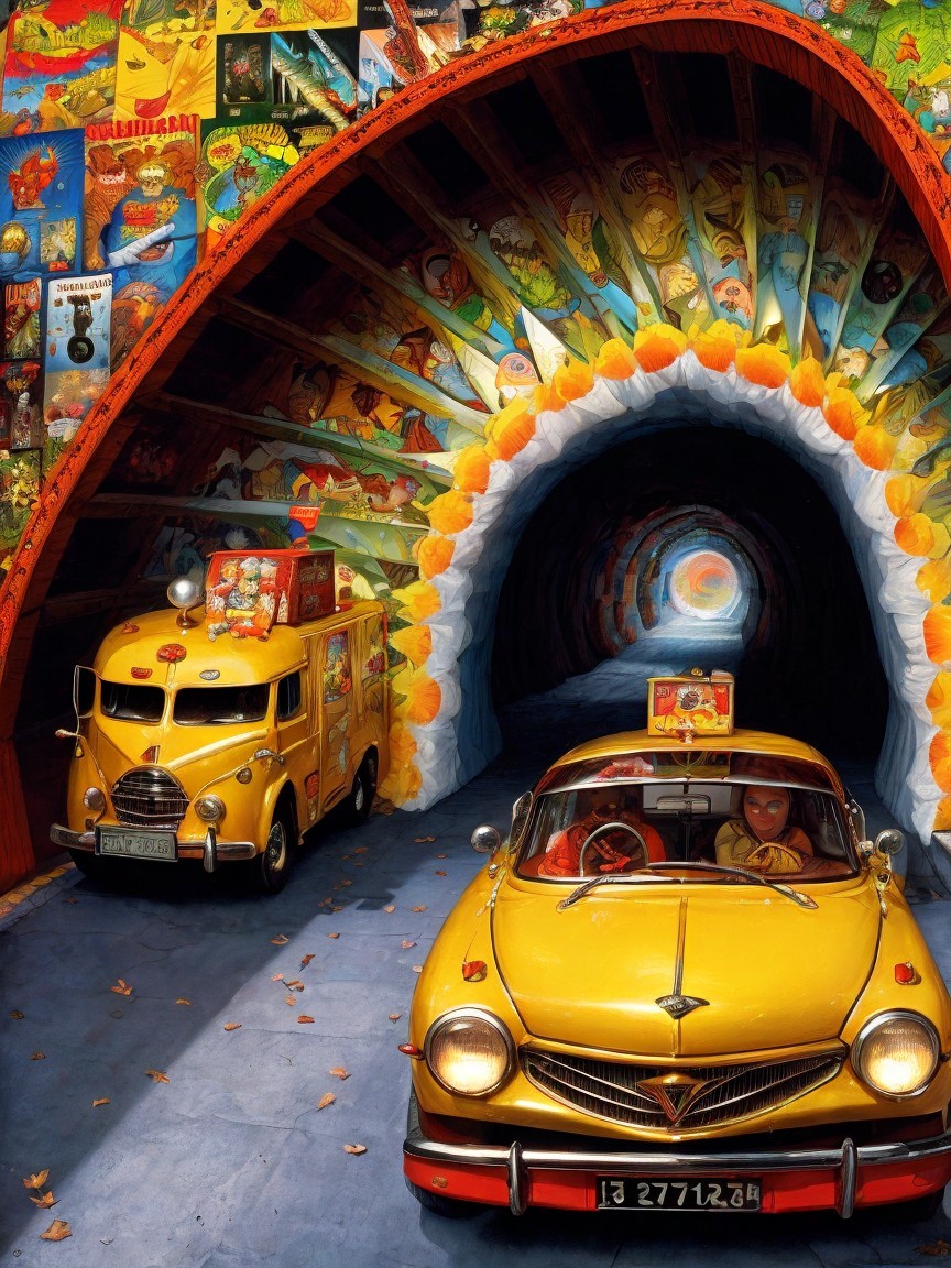 Vibrant Cartoon Artwork in Whimsical Tunnel Scene