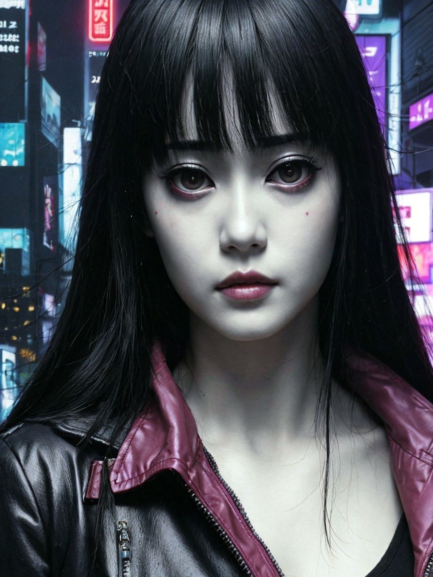Young woman in neon city lights with edgy style