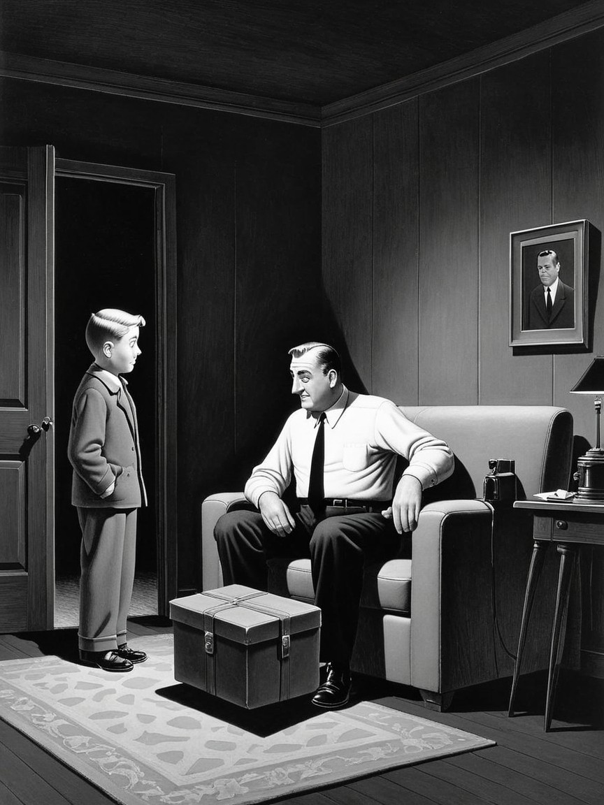 Monochromatic Scene of Boy and Man in Dim Room