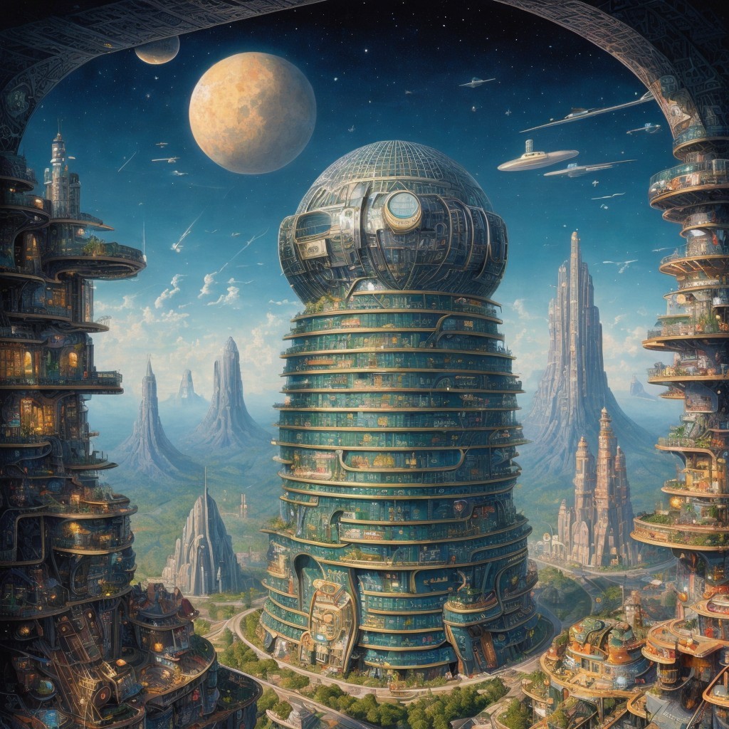 Futuristic cityscape with dome structure and mountains