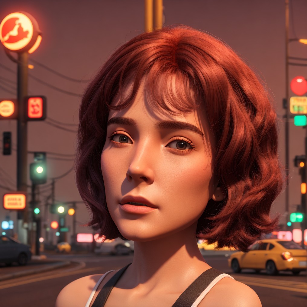 Young woman with wavy hair in vibrant urban setting