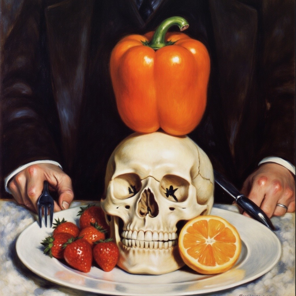 Skull on Plate with Bell Pepper and Fresh Fruit