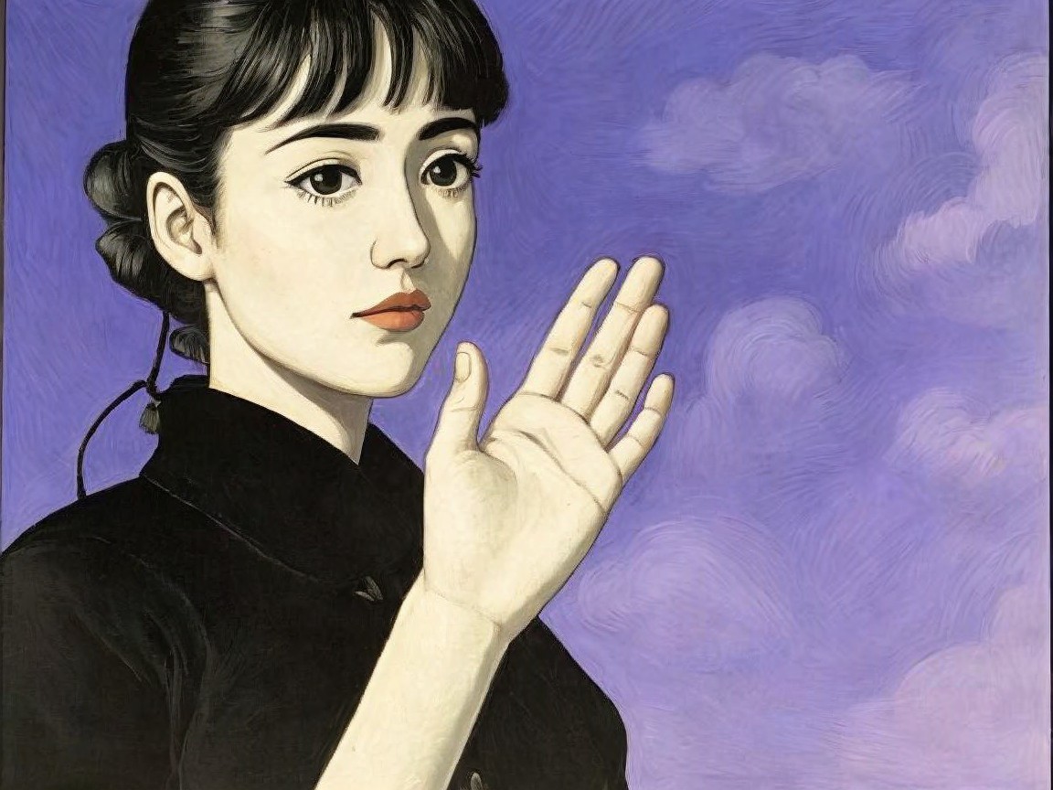 Young Woman in Black Outfit Against Purple Background