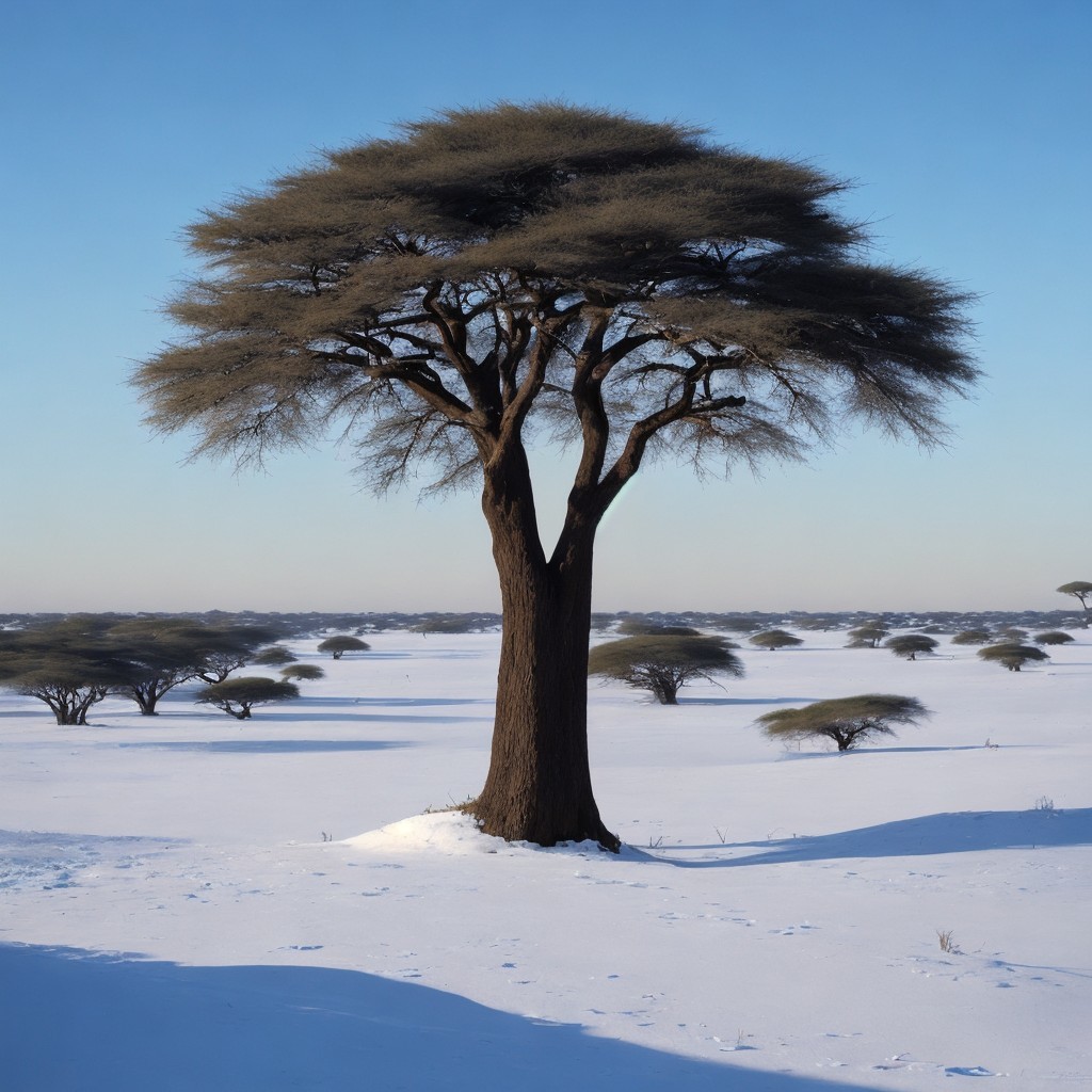 Acacia Tree in Snowy Plain Under Clear Blue Sky