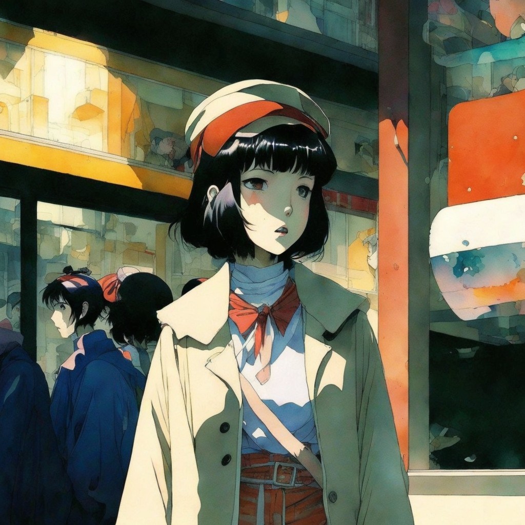 Young Woman in Urban Scene with Stylish Hat and Coat
