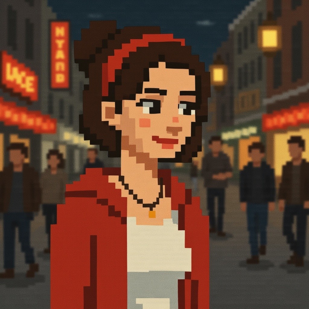Pixel Art Portrait of Young Woman in Night Scene