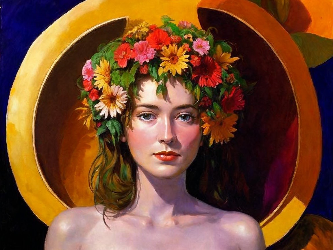 Serene Woman with Floral Crown and Orange Slice Backdrop