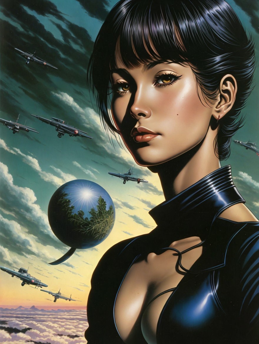 Digital Artwork of Confident Woman with Aircraft and Globe