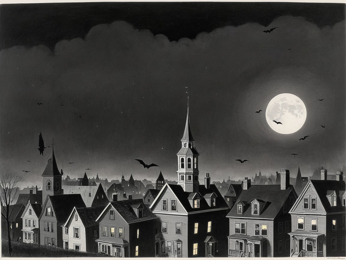 Spooky Nighttime Scene of Victorian Houses and Bats