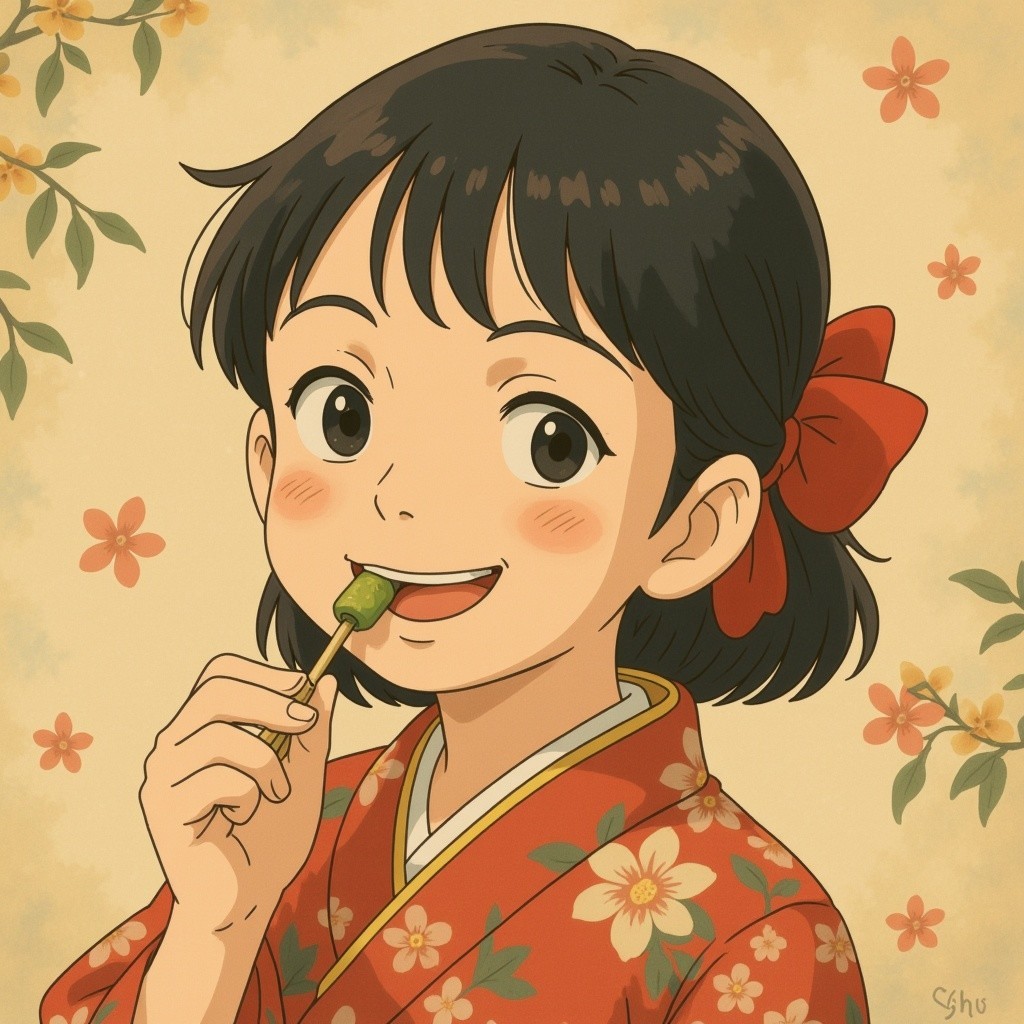 Cheerful girl in traditional kimono enjoying a snack