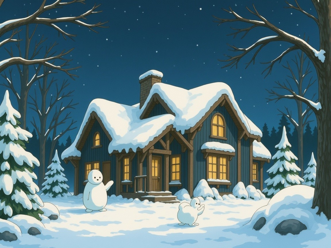 Snowy Cabin Scene with Snowman and Bunny