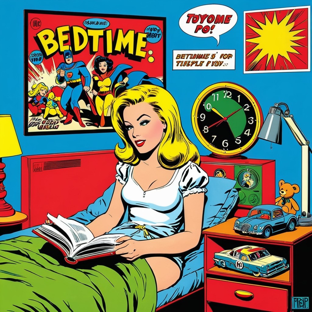 Retro Comic Scene of a Woman Reading in Bed