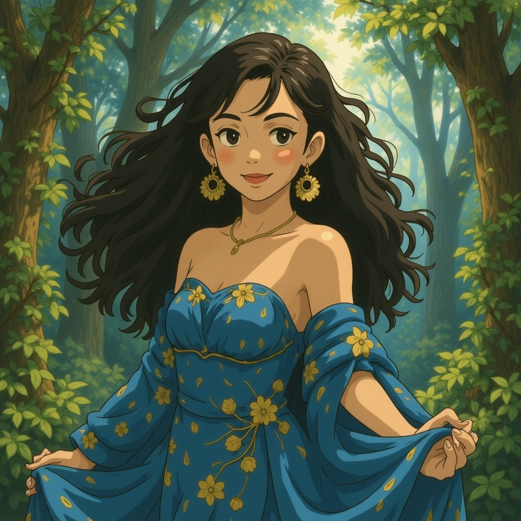 Young woman in blue dress amidst lush forest scenery