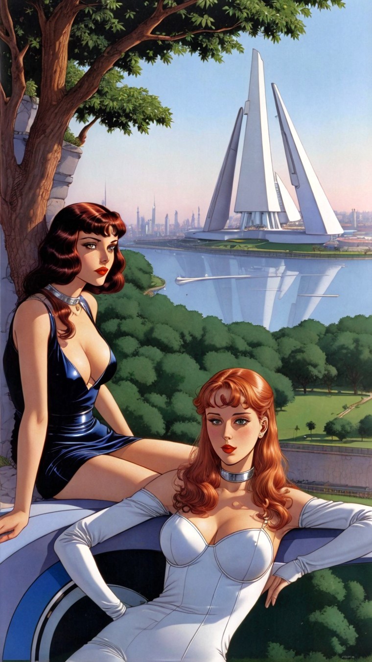 Futuristic Landscape with Stylish Women by Waterfront