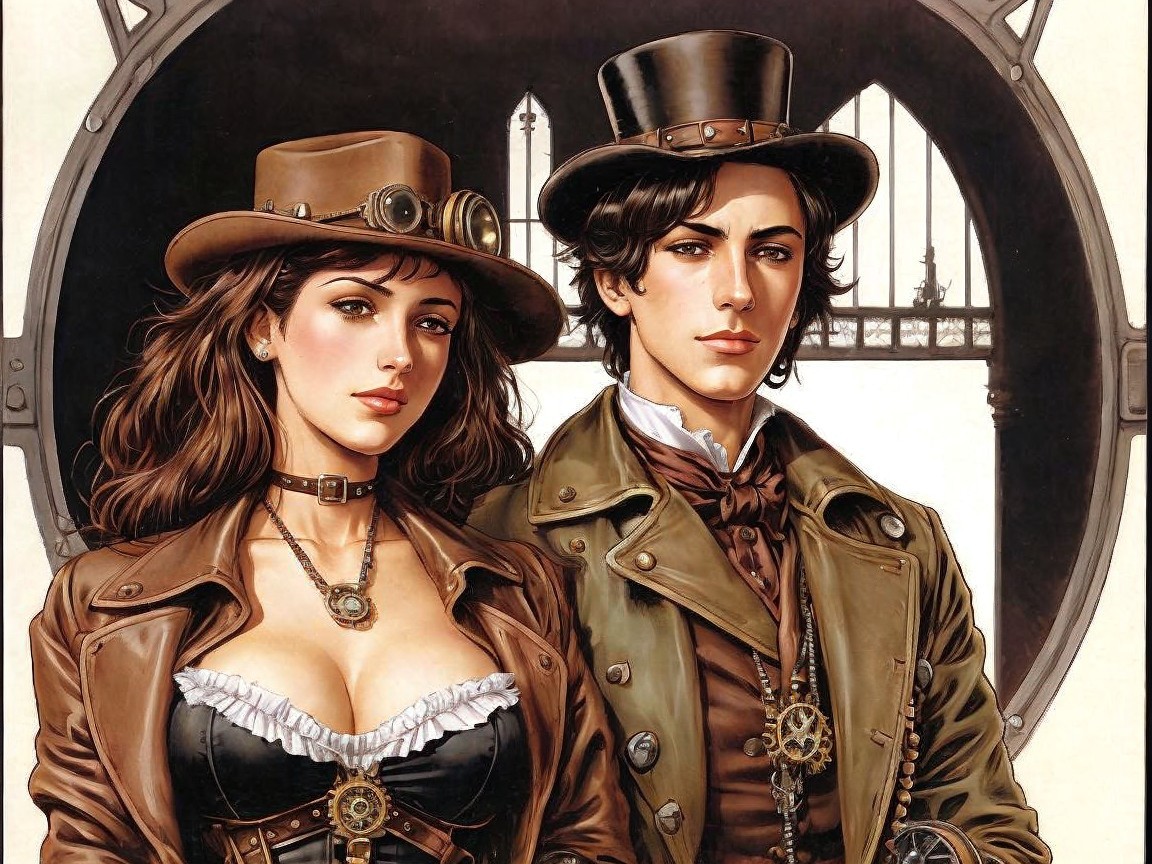 Steampunk Duo in Industrial Setting with Vintage Motifs