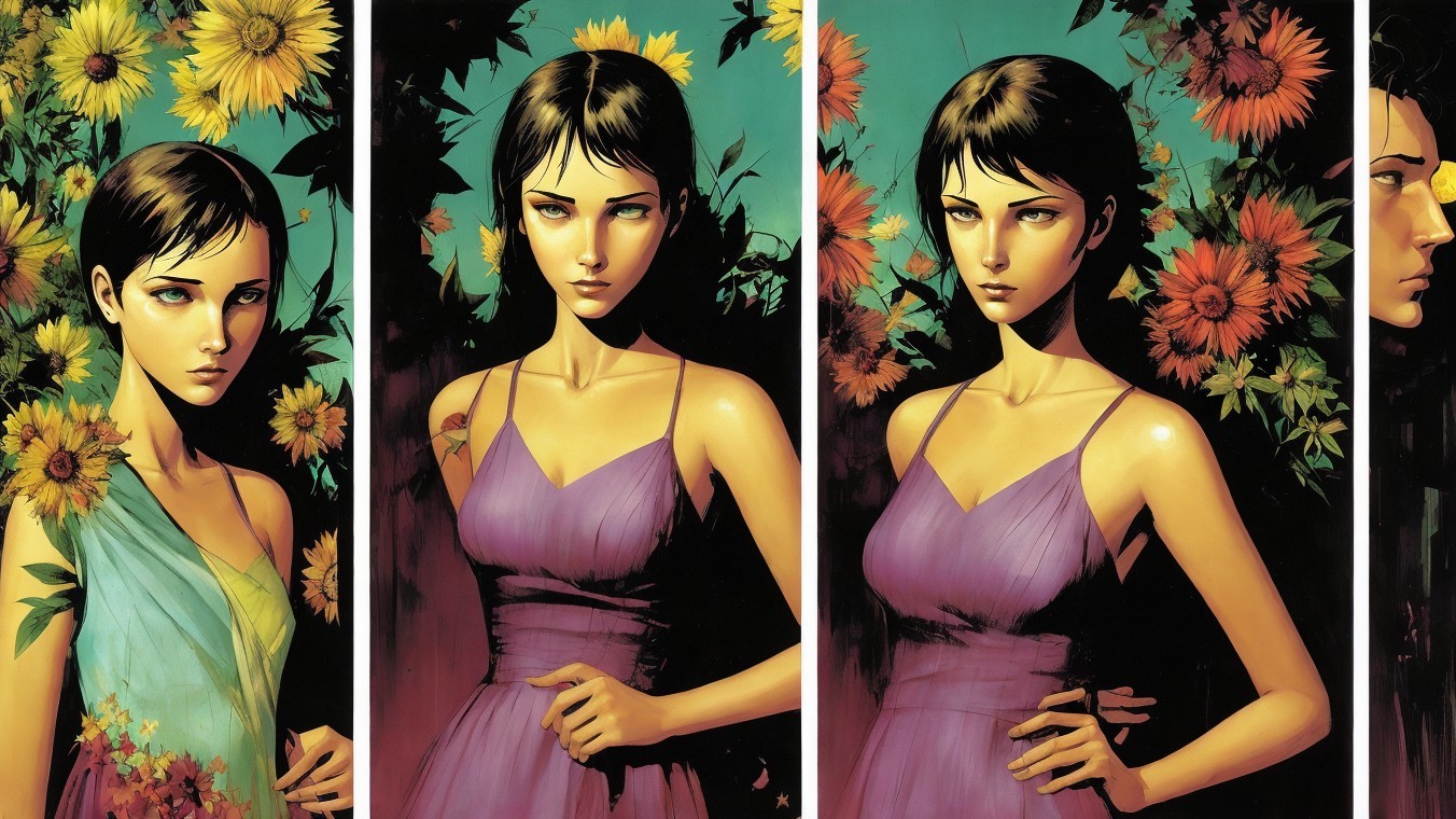 Triptych of a Woman with Floral Backgrounds