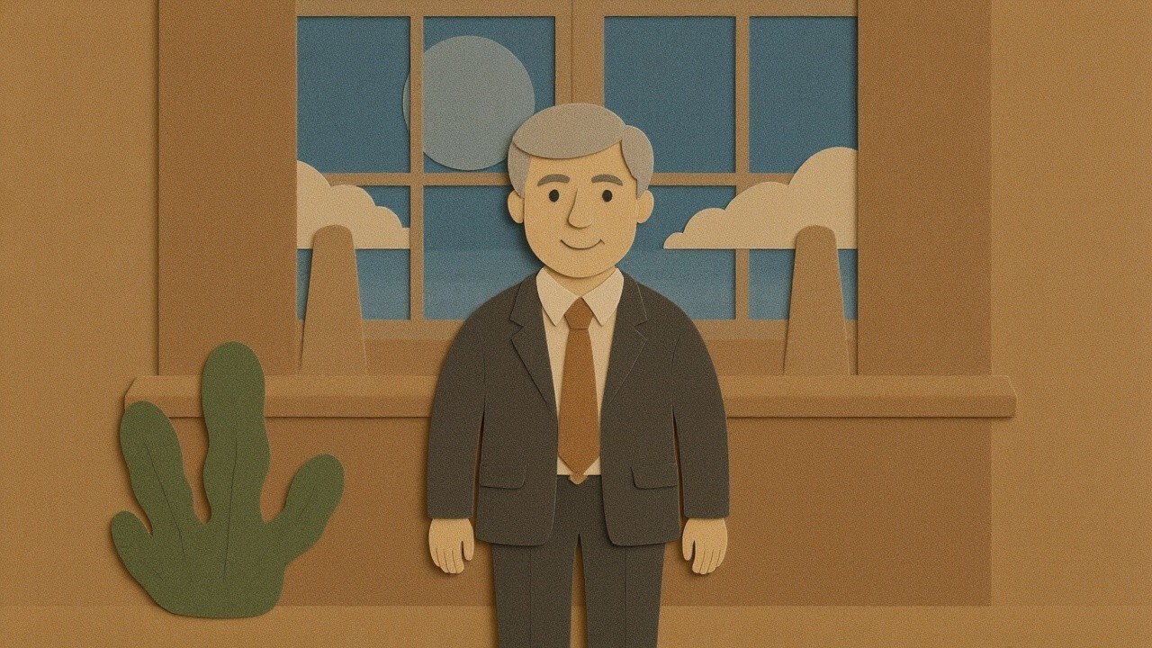 Cartoon Character in Suit by Window with Cactus