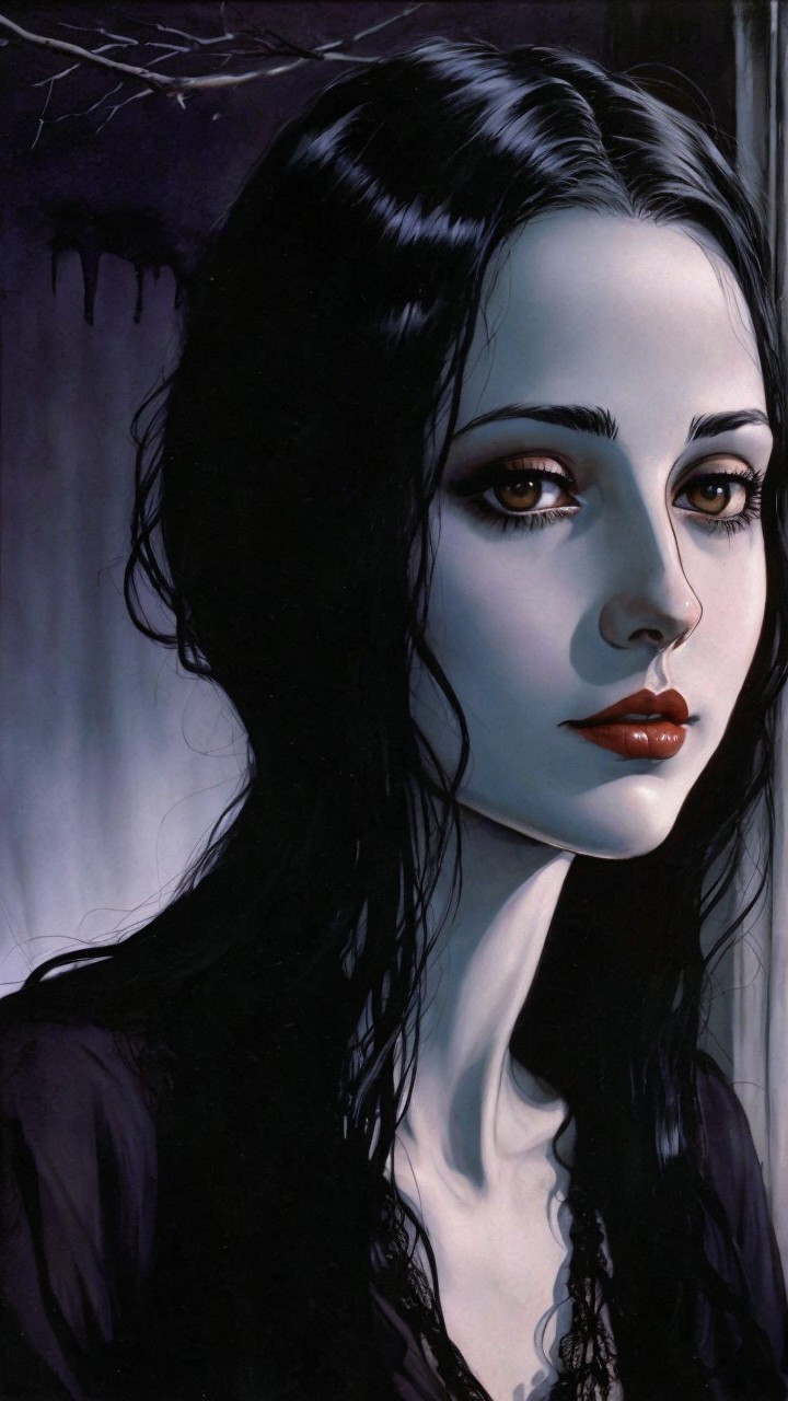 Hauntingly Beautiful Woman in Dark Attire and Shadows