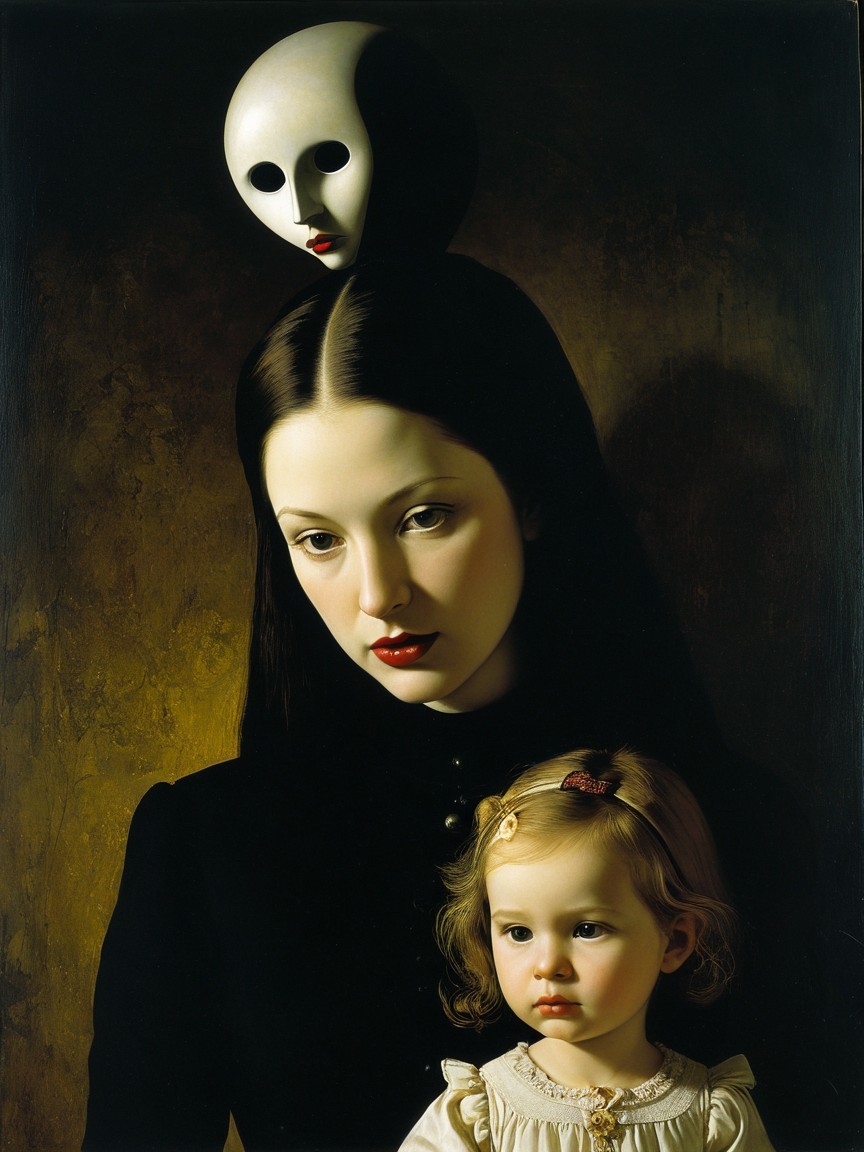 Somber Artwork of Woman and Girl with Mask