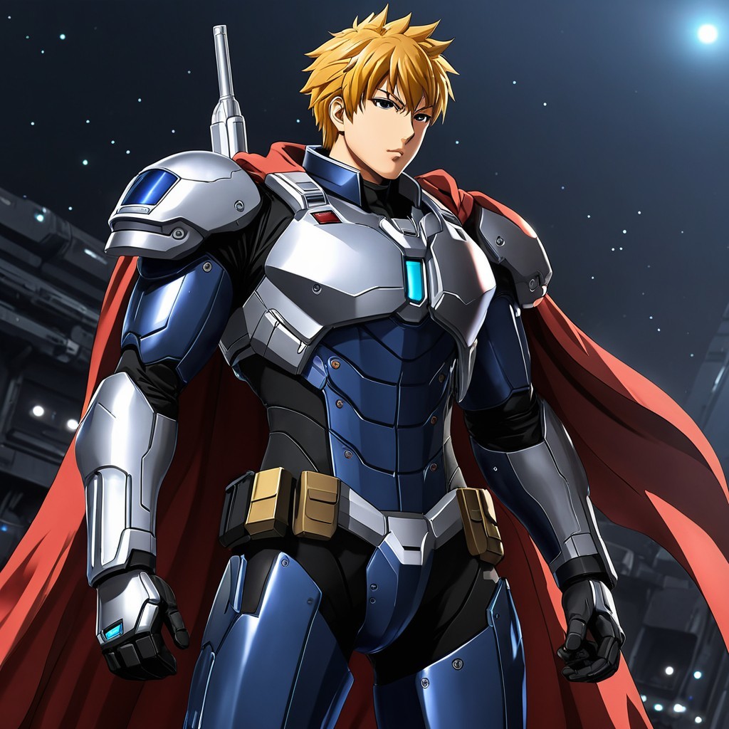 Futuristic Hero in Armor with Stars and Spacecraft