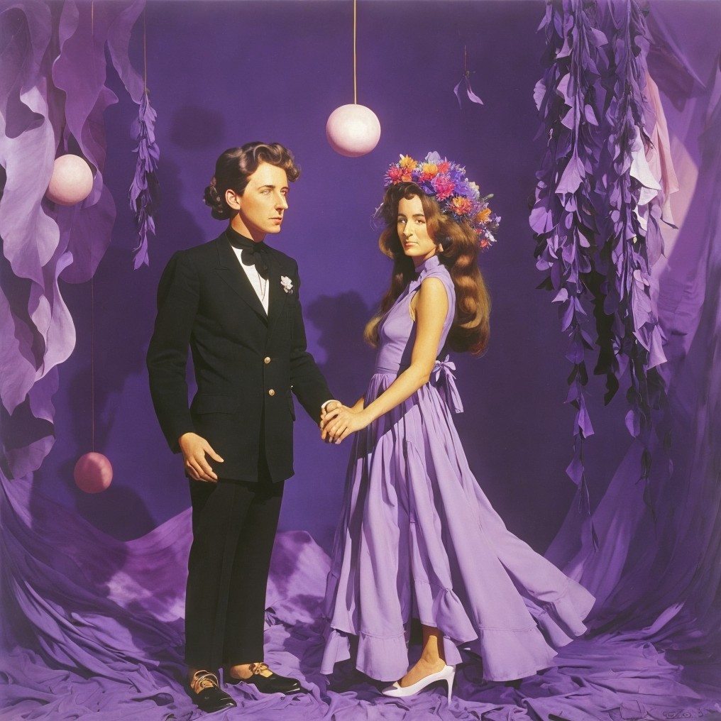 Couple in Elegant Attire Against Purple Floral Backdrop