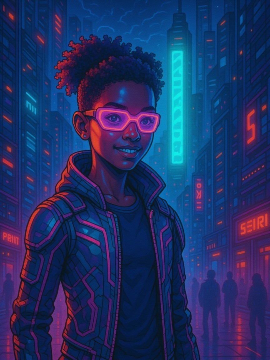 Futuristic cityscape with neon lights and a girl