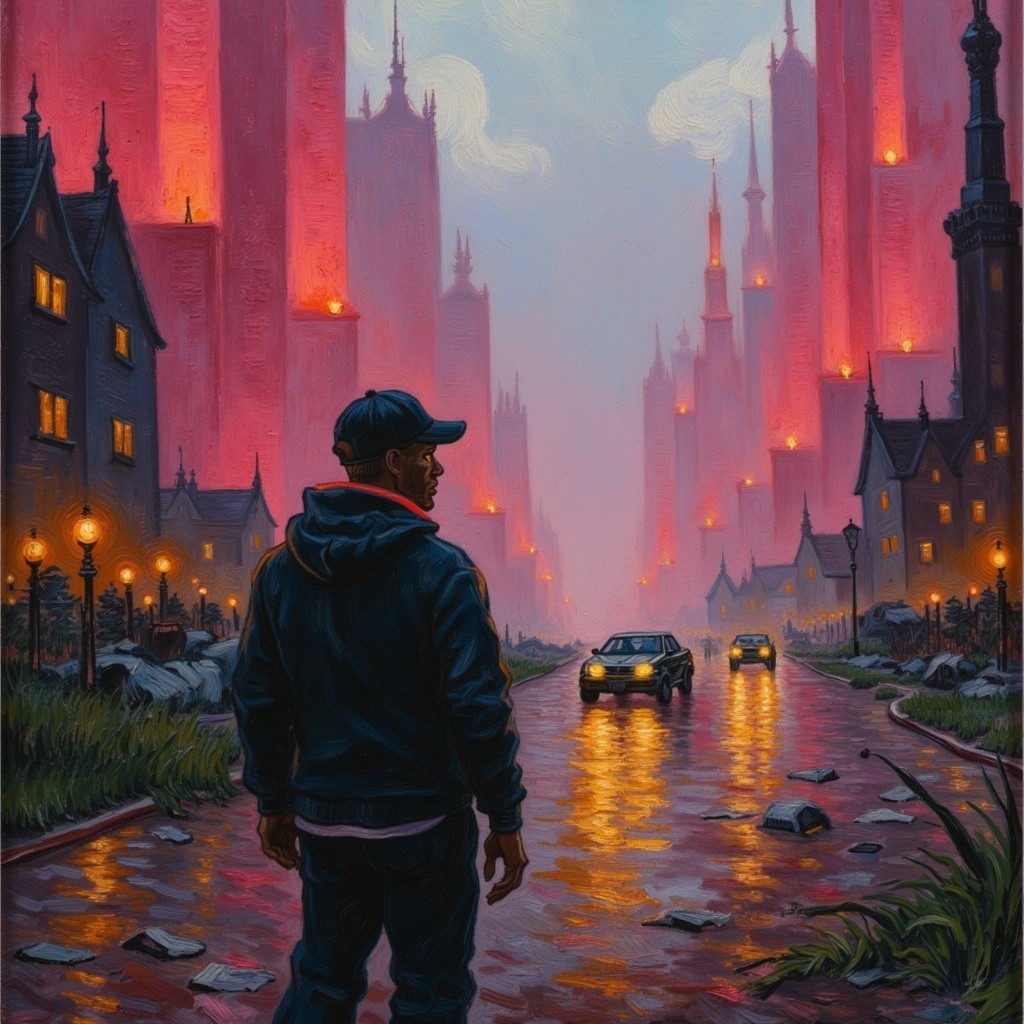 Surreal Urban Landscape with Bright Spires and Rain