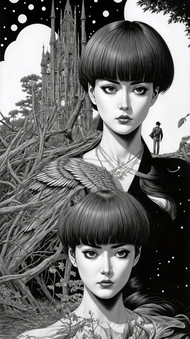 Figures with Blunt Bangs in a Surreal Landscape