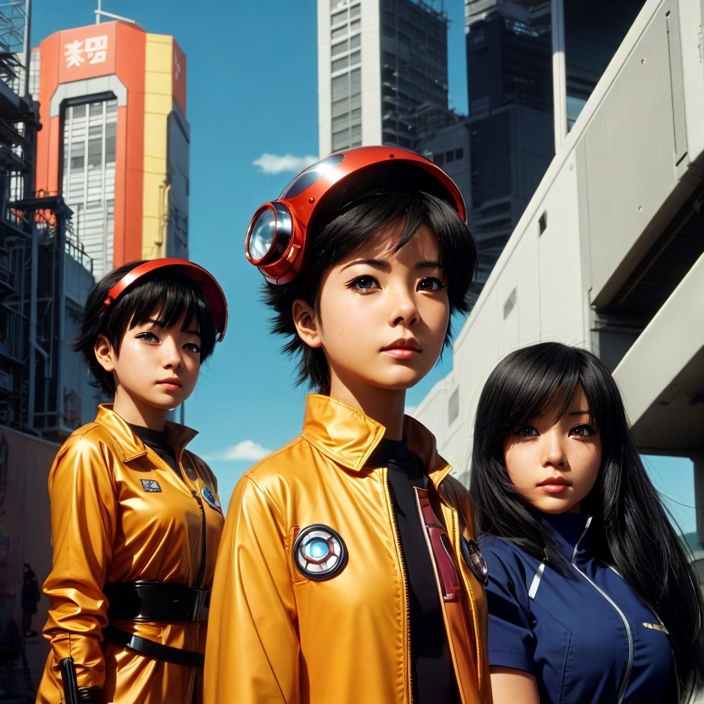 Futuristic Figures in Vibrant Outfits in Urban Setting