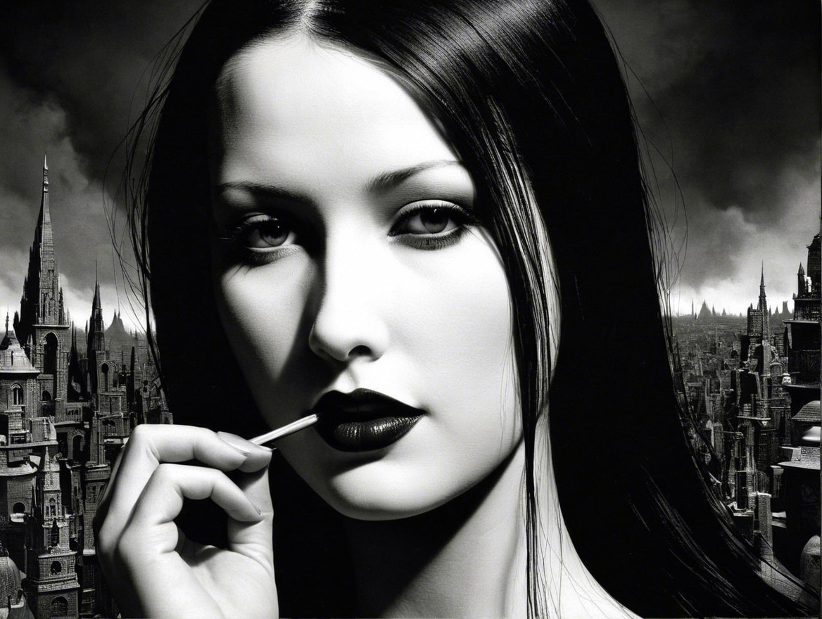 Striking Woman in Monochromatic Cityscape Background