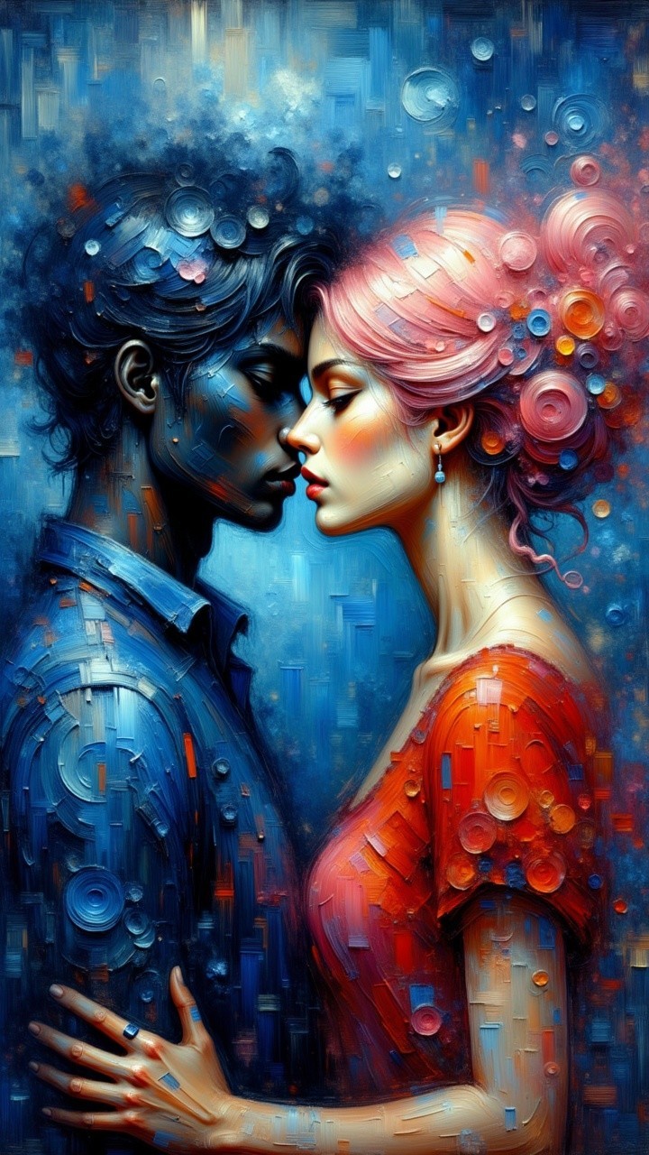 Close-up of a couple in vibrant, swirling colors