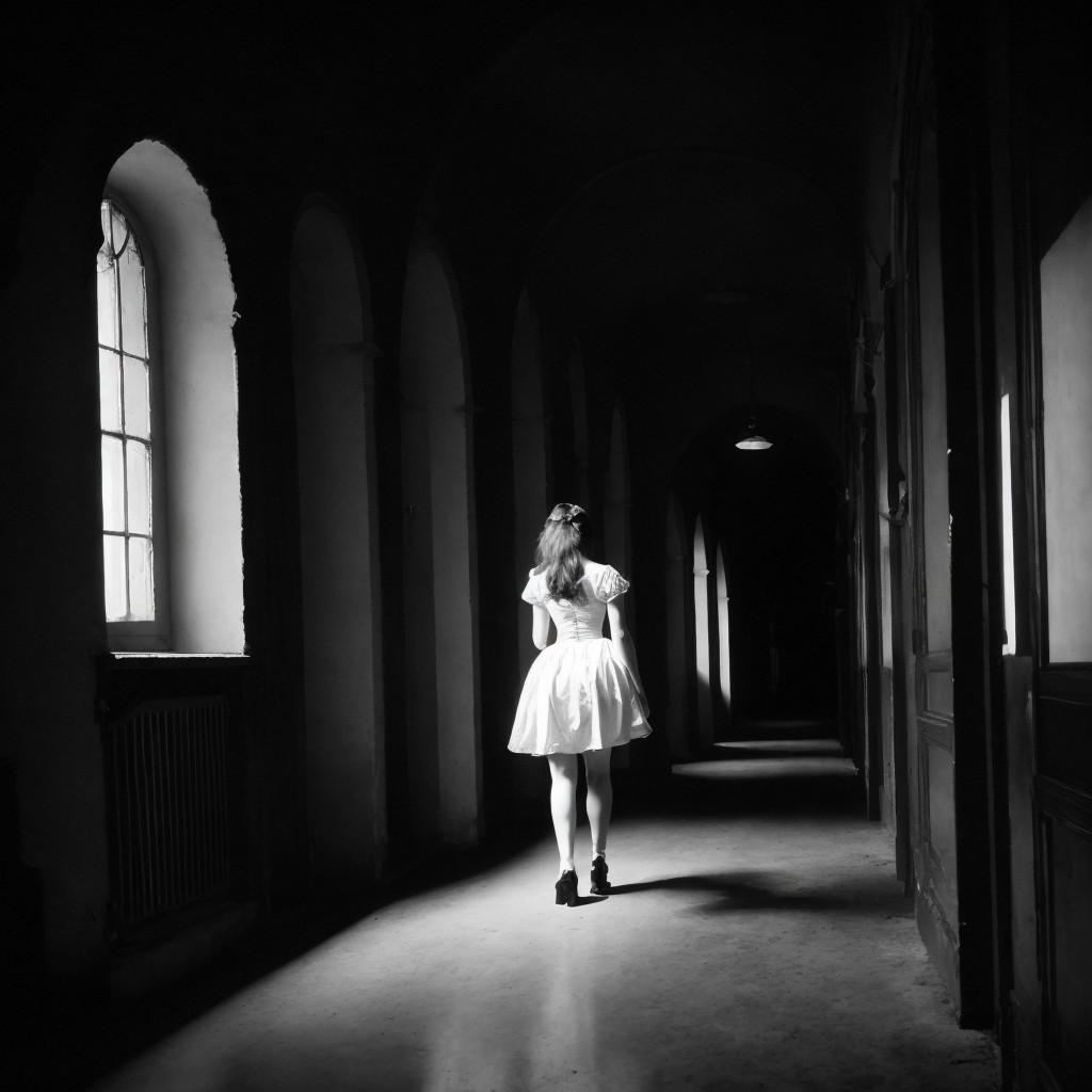Young woman in white dress in dimly lit corridor