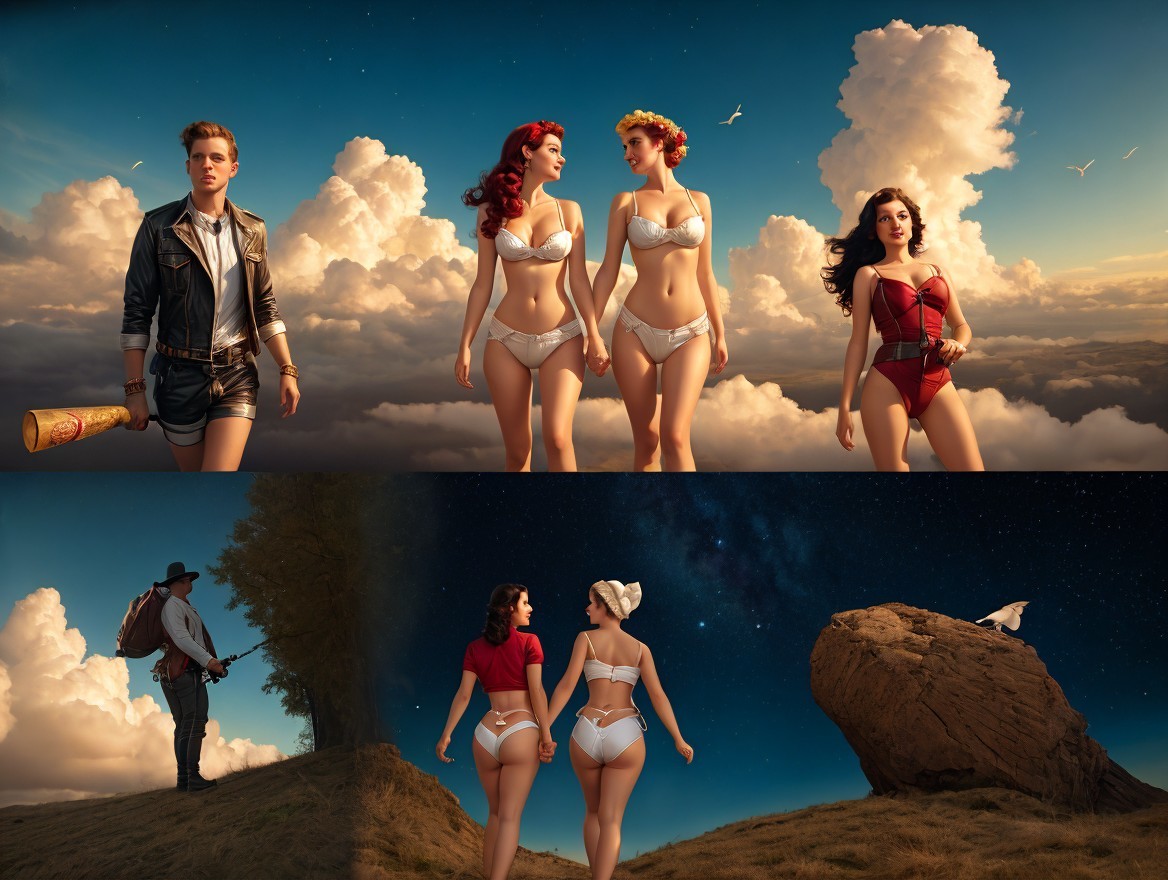 Surreal Landscape with Vintage Swimwear and Night Scene