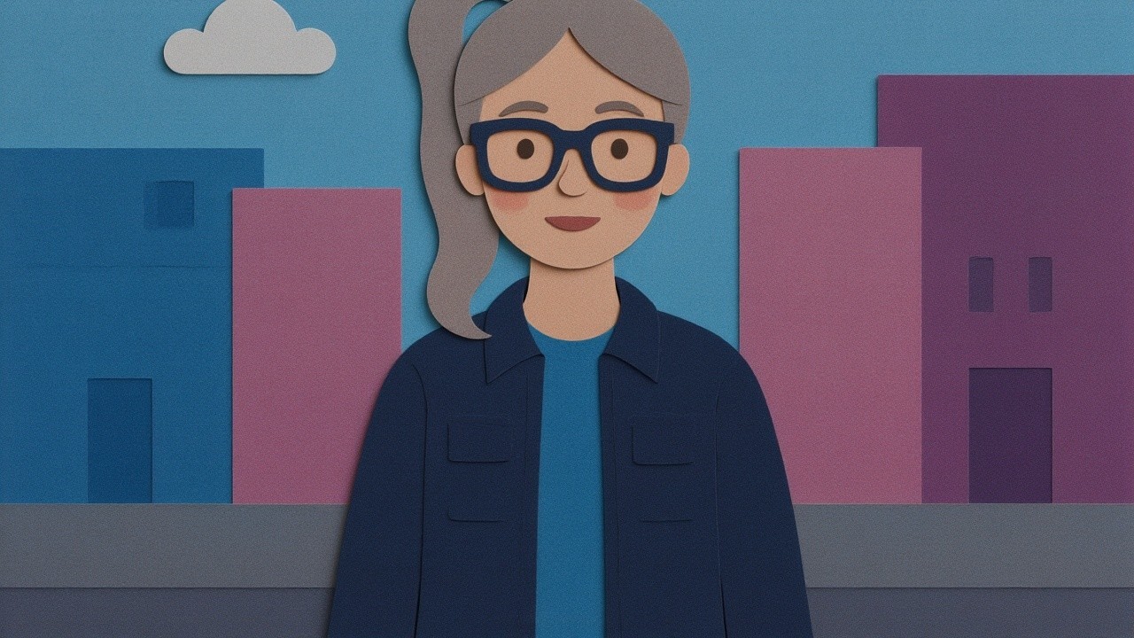 Stylized Character with Colorful Building Backdrop