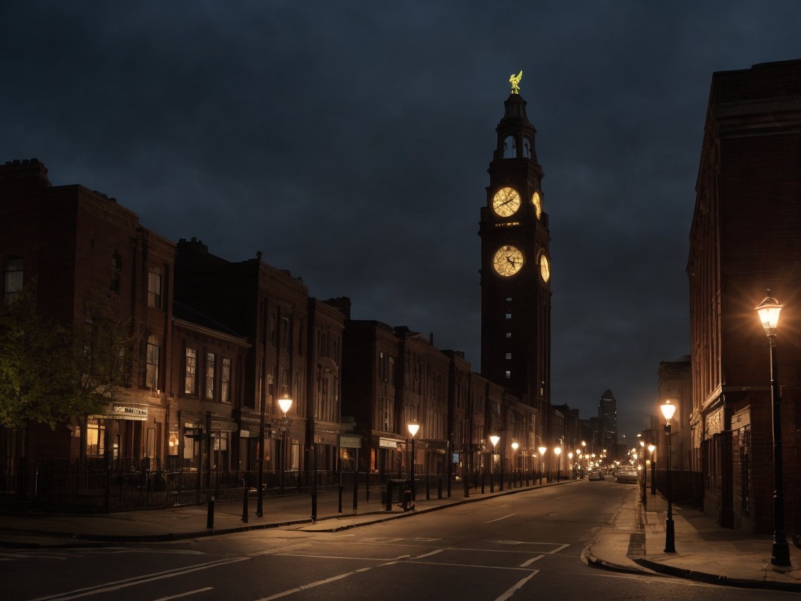 Nighttime Street Scene with Clock Tower and Vintage Lamps