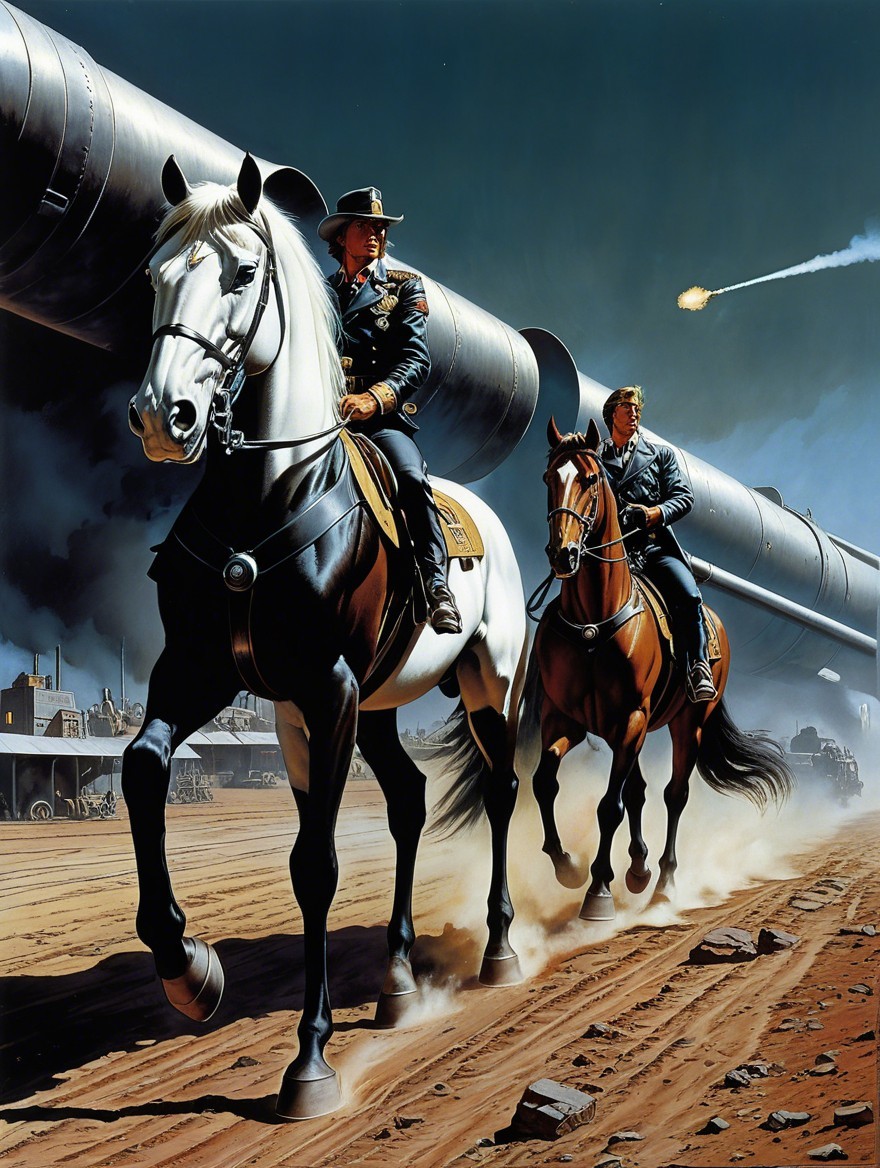 Mounted Soldiers in Dusty Landscape with Pipelines
