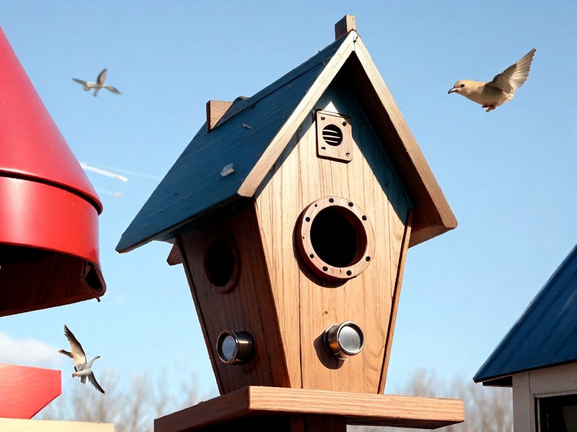 Vibrant Wooden Birdhouse with Blue Roof in Nature