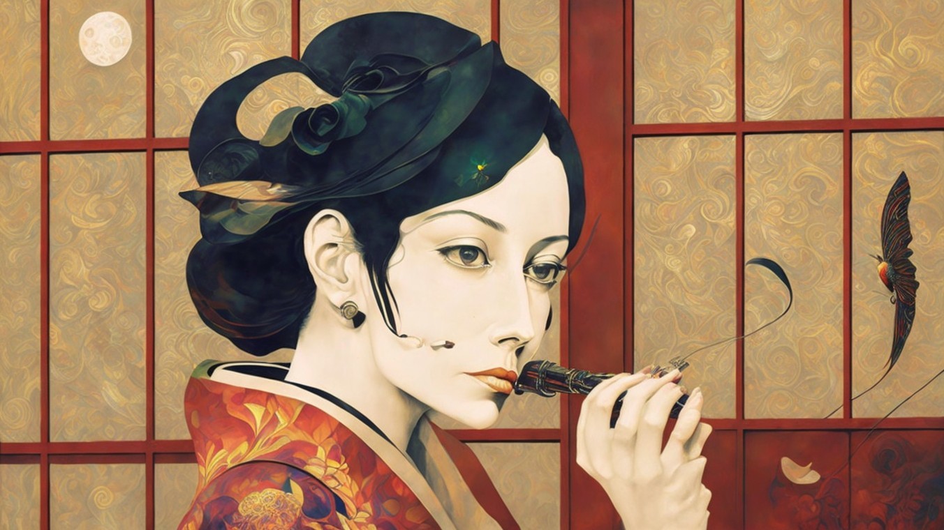 Woman in Traditional Attire with Smoking Pipe