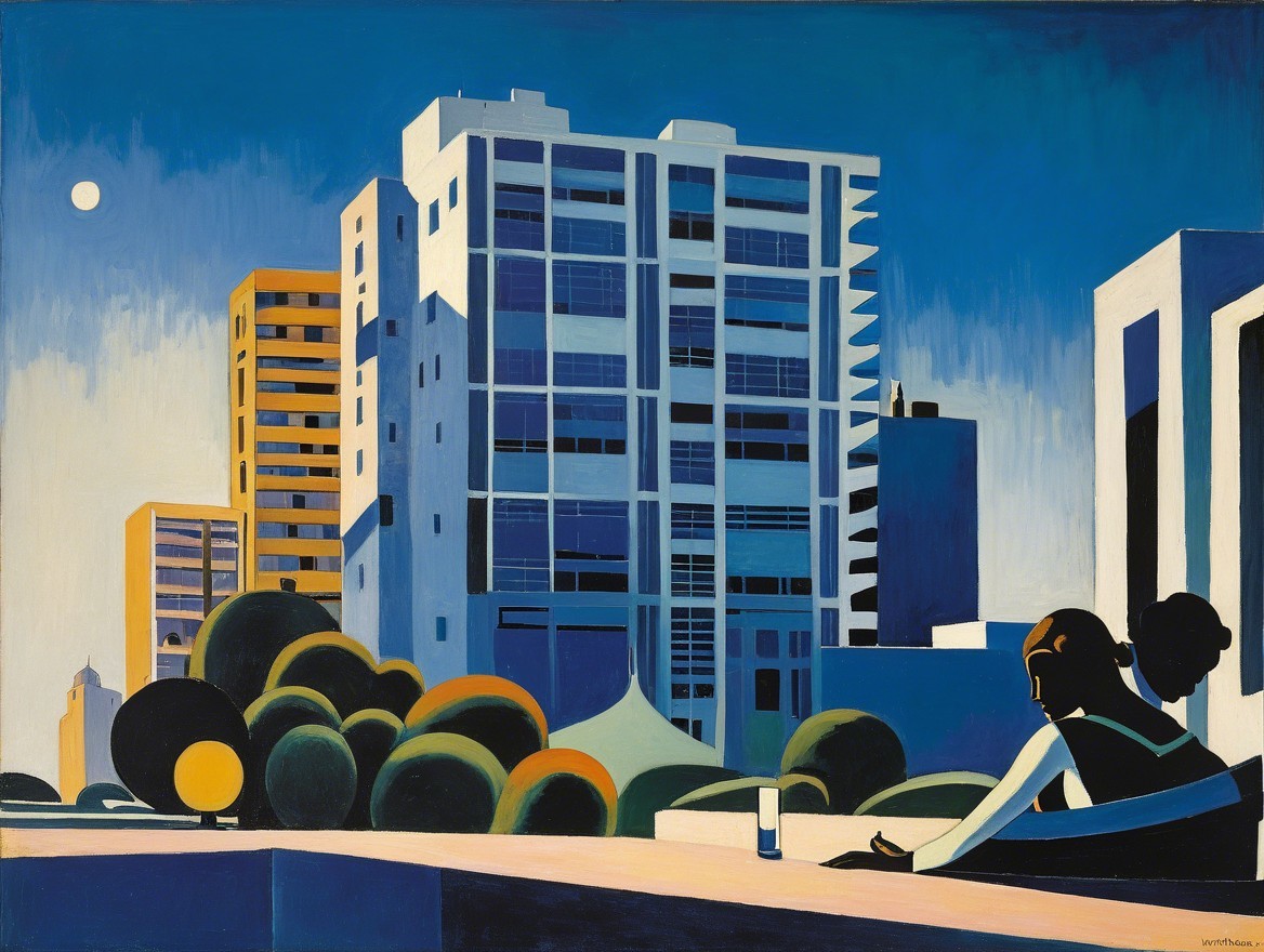 Modern cityscape with figures and lush greenery