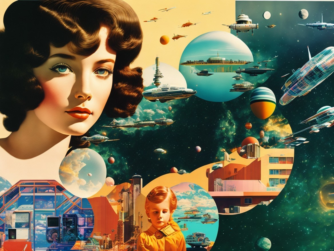 Vibrant Retro-Futuristic Scene with Cosmic Elements
