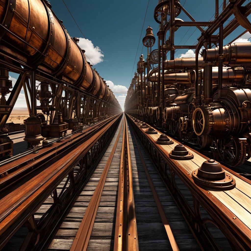 Industrial Landscape with Machinery and Train Tracks