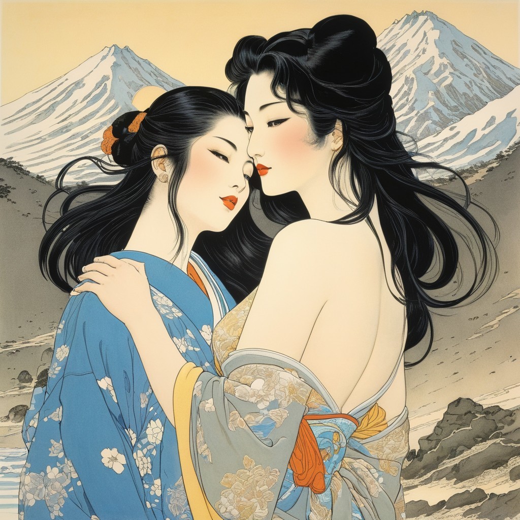 Intimate Embrace of Two Women in Traditional Kimonos